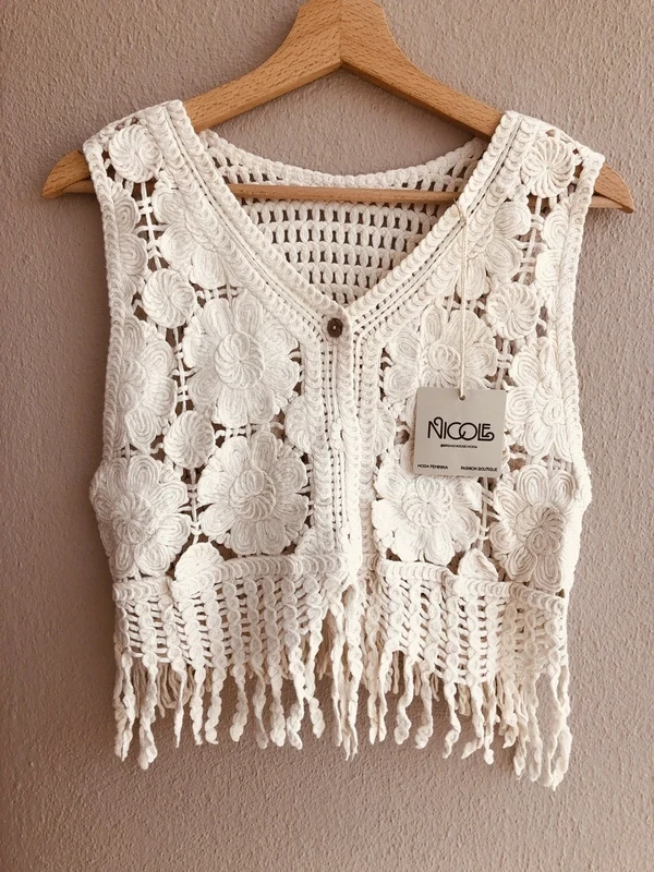 Colete em crochet boho com franjas – Novo em Branco creme